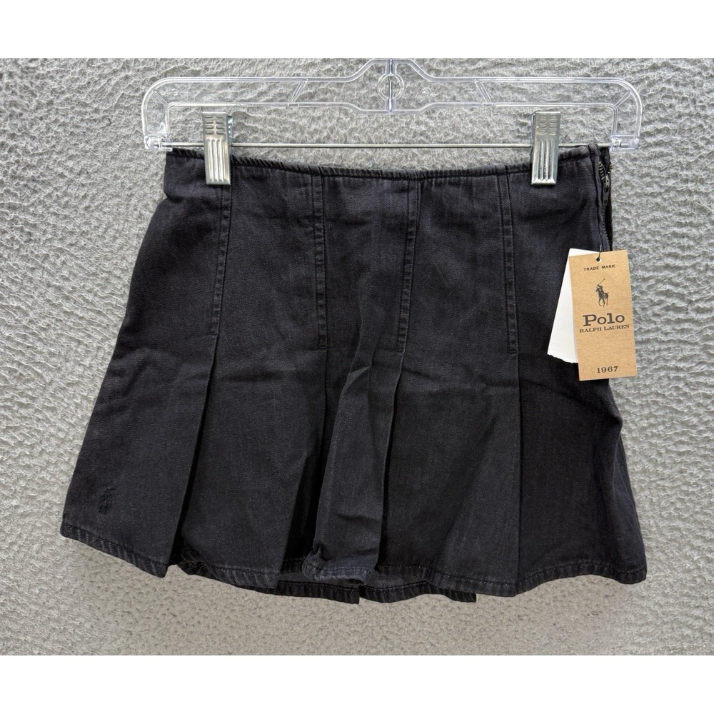 Polo Ralph Lauren Skirt Girls 8 Black Pleated Denim Mini Adjustable Waist NEW